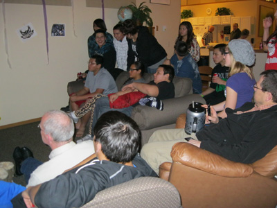 St. Joseph’s Super Bowl party quieted down during halftime. 