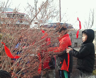 Red prayer ties were put in a tree on campus to symbolize remembrance of the loved ones the Lakota children have lost. 