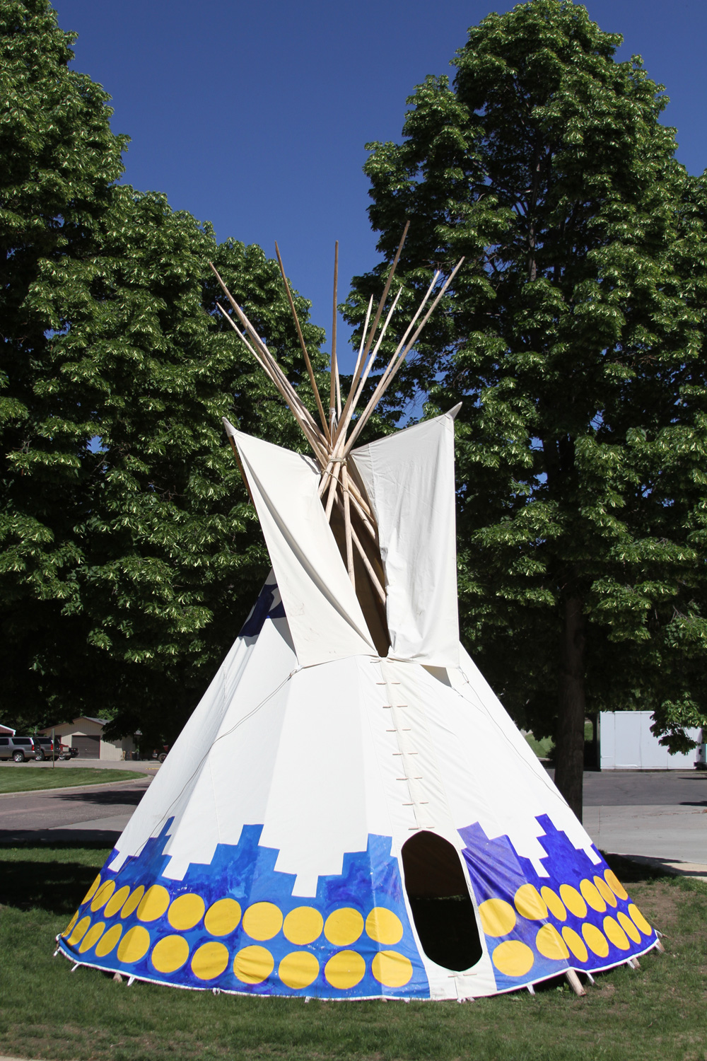 A tipi stands outside the entrance of the Akta Lakota Museum & Cultural Center.