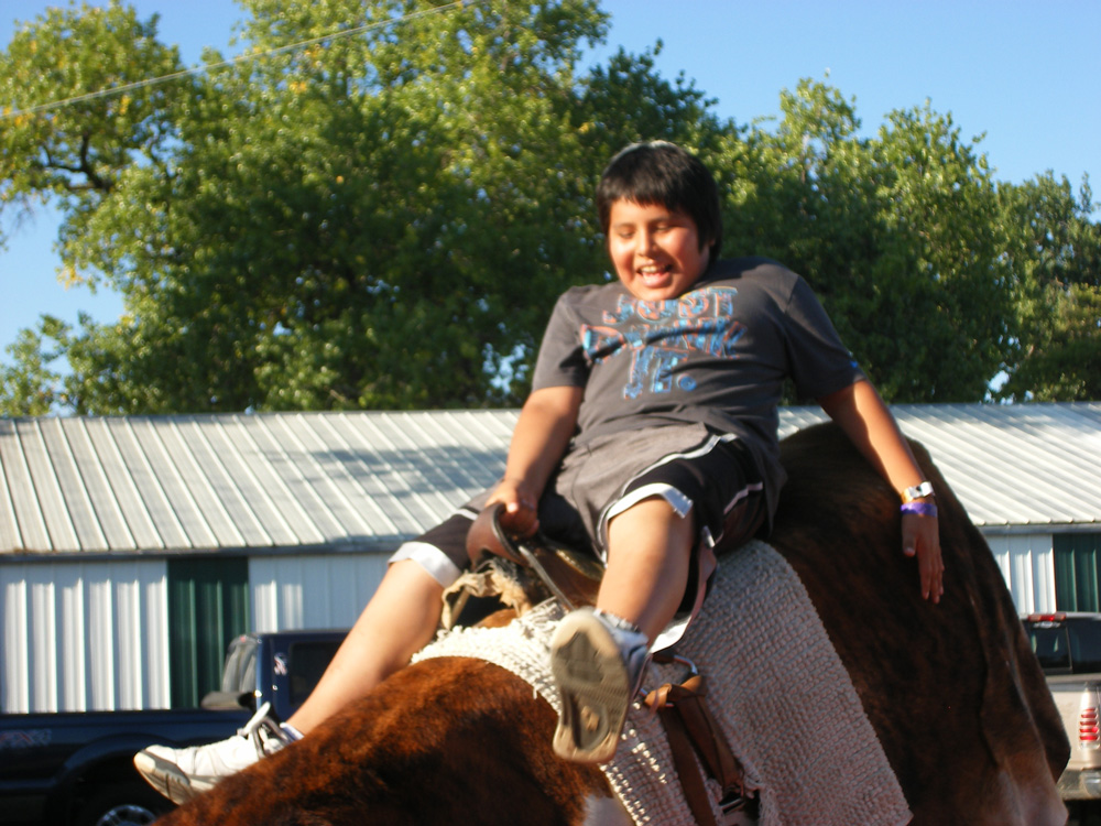 Only one of the boys tried riding the mechanical bull at the fair. 